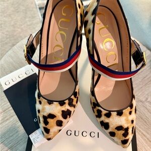Gucci Sylvie Leopard Pony Skin Heels Shoes Stilettos SZ 38